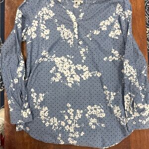 Talbots Floral Dot Chambray Top‎ Women Small Blue Cotton Long Sleeve